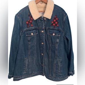 Old Navy Sherpa Lined Denim Trucker Jean Jacket Holiday Buffalo Plaid Size 3X